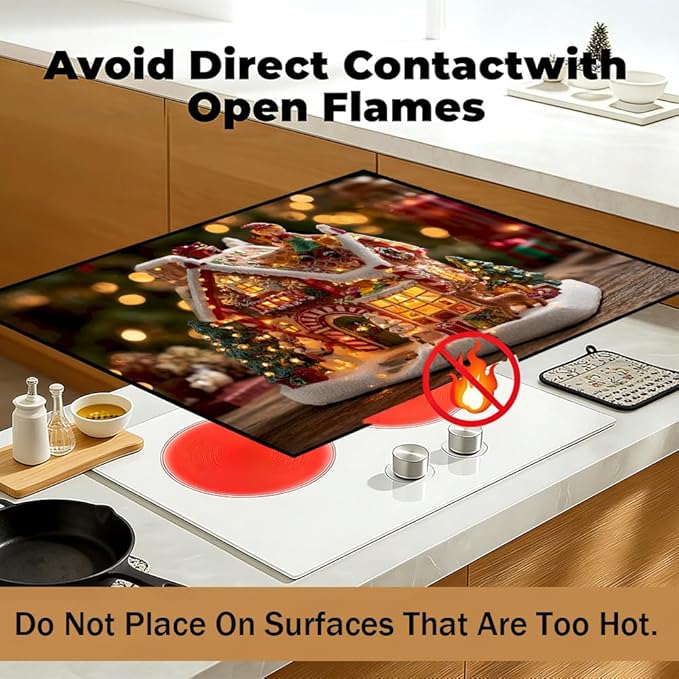 Stove Top Cover for Electric Stove 28.4 x 20.5 Inch Non Slip Stove Mat Oil Proof Christmas Village House Glass Cooktop Protector Kitchen Counter Mat