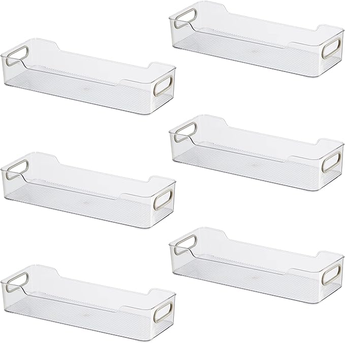 Oggi Cabinet/Drawer Storage Bin - 14" x 5" (Set of 6), Clear/Gray, Ideal for Kitchen Organization, Pantry Storage, Fridge Organizing