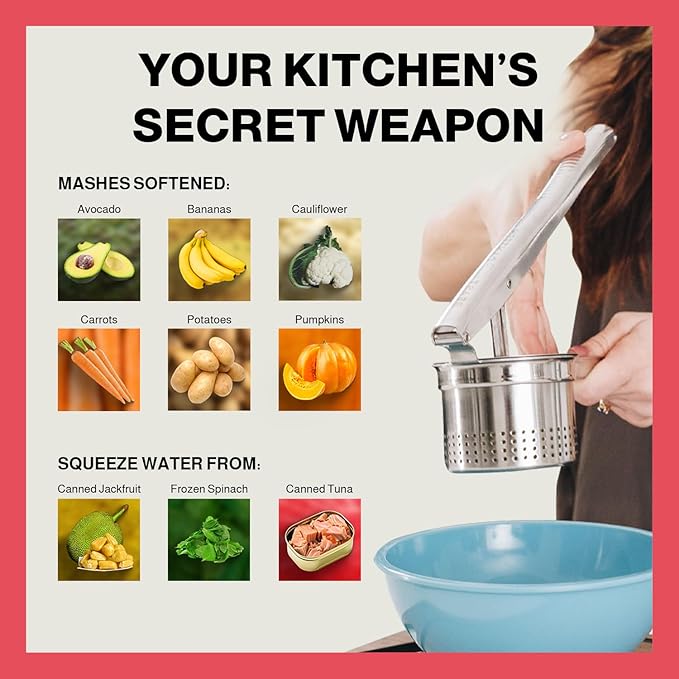 Potato Ricer - Ricer for Mashed Potatoes, Made of 18/8 Stainless Steel, Make Fluffy Smooth Mashed Potatoes & Rice Cauliflower, Vegetables, Professional Kitchen Tool, Press, Large Masher
