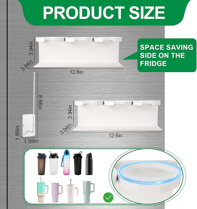 Magnetic Cup Holder Compatible with Fridge Magnetic Tumbler Holder Tumbler Lid Organizer for Refrigerator Compatible with Cup 30&40 oz Water Bottle Rack Accessories(White)