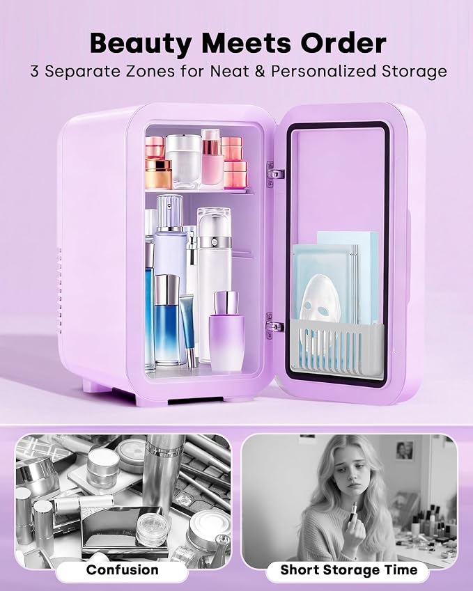 Enventor Mini Skincare Fridge Small Refrigerator for Bedroom, Beauty Fridge for Makeup with Dimmable LED Mirror, 6 L / 8 Cans Compact Portable Cooler for College Dorm, Office, Car, Purple