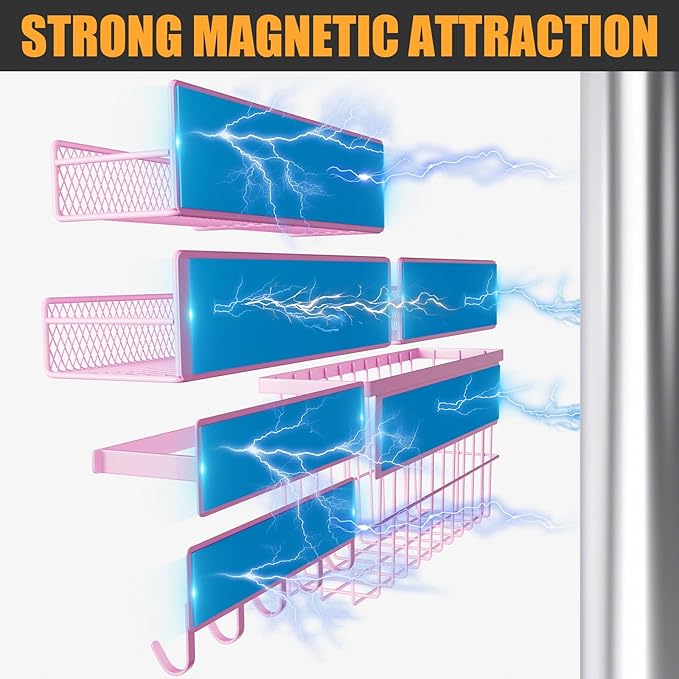 DTUQYX 6 Pack Magnetic Shelves for Washing Machine, Magnetic Spice Rack Organizer for Refrigerator, Magnetic Shelf with Hanger Organizer, Metal Magnetic Basket, Laundry Organization and Storage, Pink
