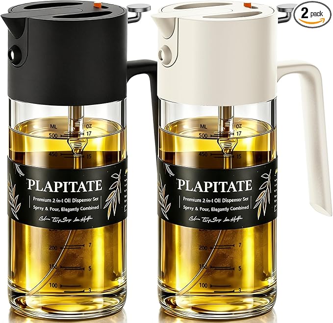 PLAPITATE 2Pcs 17oz Premium Olive Oil Sprayer for Cooking, 2 in 1 Glass Olive Oil Dispenser Bottle for Kitchen Gadgets, Spray Bottle with Portion Control for Salad, Frying, BBQ (Black & White)