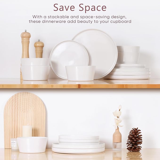 Herogo 12 Pieces Dinnerware Dishes Set for 4, Handmade Stoneware Dining Plates and Bowls Sets, Double Reactive Glaze, Microwave & Dishwasher Safe, Scratch Resistant, Speckled White