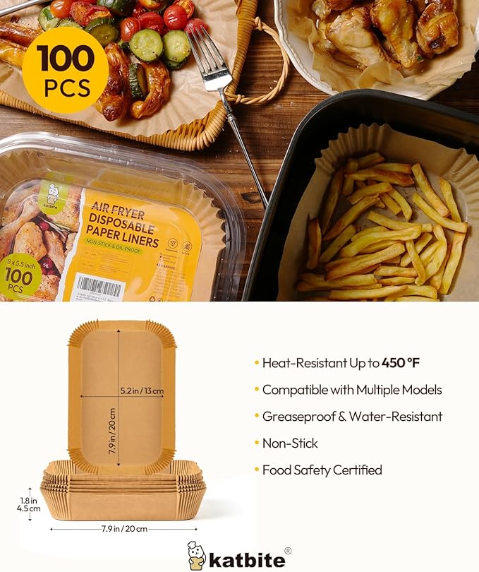 Katbite Unbleached Parchment Paper for Baking, 15 in x 210 ft, & Katbite 100PCS Air Fryer Liners Disposable, 8x5.5''