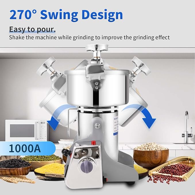 Electric Grain Mill 2600W Superfine Powder Grinder Dry Grinder Machine 36000r/min High-speed Grain Mill 270° swingable Dry Material Grinding Machine Stainless Steel Pulverizer 1000g