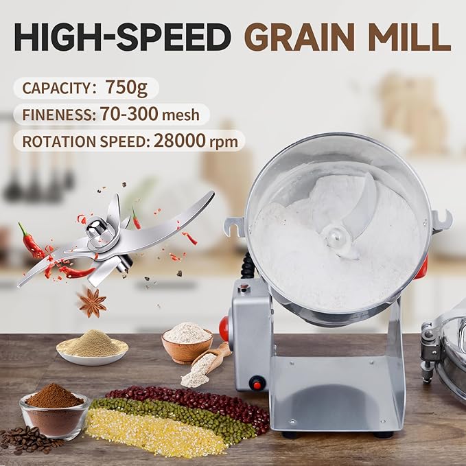 Goldtouch 750g Grain Mill Grinder 2800W Electric Stainless Steel Grain Grinder High-Speed Pulverizer Powder Machine for Dry Wheat, Oats, Corn, Pepper and Coffee Beans (750g Swing Type)