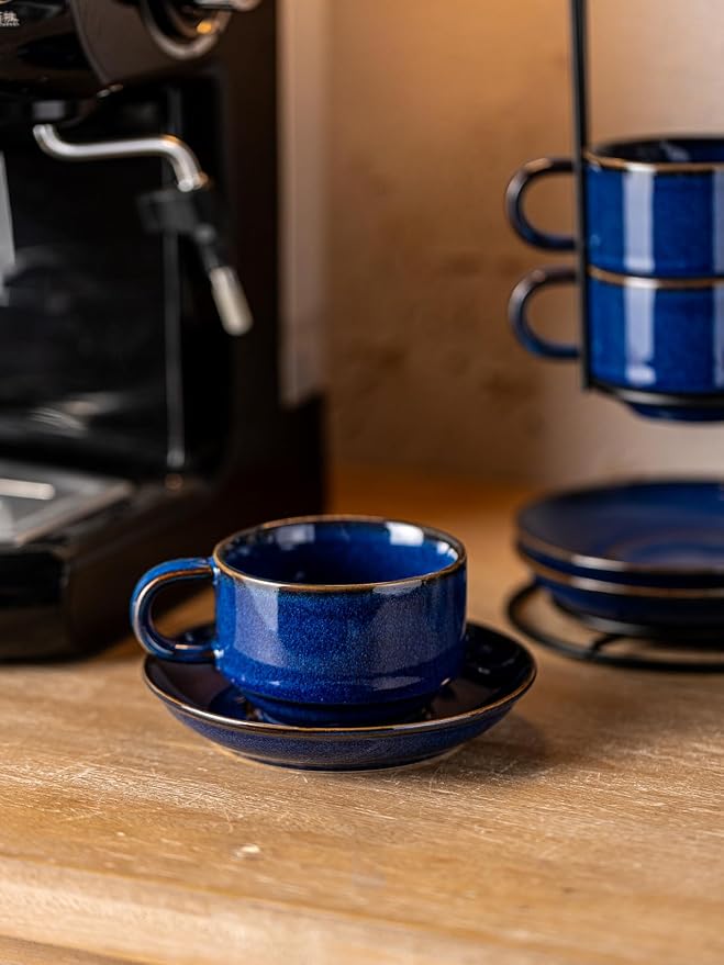 Gomakren 6 Ounce Cappuccino Cups with Saucers and Metal Stand, Stackable Coffee Cup Set of 4, Father's Day Porcelain Espresso Cups for Coffee Drinks, Cappuccino, Latte, Americano, Tea, Cobalt Blue