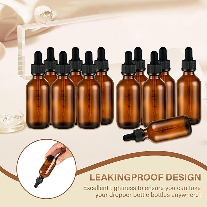 NOOEEISS 12 Pcs, 2oz Dropper Bottle, Amber Glass Eye Dropper Bottle, Tincture Bottles with Dropper, Leak-Proof Design, Stronger Suction, for All Kinds of Mixed Liquids
