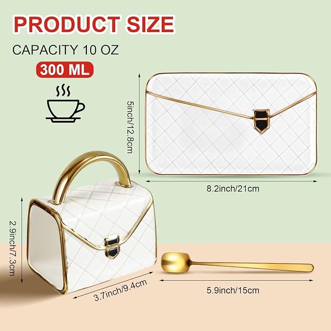 Zubebe 1 Set Coffee Mug Elegant Handbag Shaped Cup Modern Ceramic Purse Mug with Spoon and Saucer, 10oz Cute Creative Tea Cup for Woman Girls Gift (White)