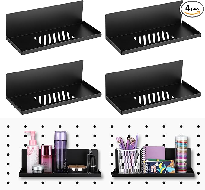 Therwen 4 Pack Magnetic Pegboard Shelves Wall Organizer Metal Pegboard Shelf Steel Tray Accessories Organizing Tools for Craft Home Kitchen(12 x 4.8 x 3.6 Inches,Black)