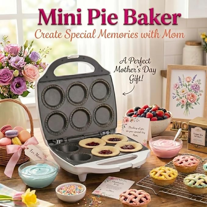 Mini Pie & Quiche Maker, Electric Baker Cooks 6 Small Quiches or Pies | Includes Dough Cutting Circle for Easy Measurement- Better than Tin Pan- Baking Dessert Gift for Her, Summer Brunch Must Have