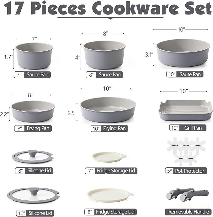 SENSARTE 17 Piece Ceramic Pots and Pans Set, Nonstick Detachable Handle Cookware, Induction Kitchen Cookware Set with Removable Handle, Dishwasher ＆ Oven Safe (Gray)