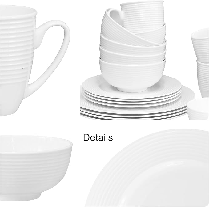Bone China Dinnerware, 20PC Set, Service for 4, White Embossed, circle, Microwave Safe, Translucent, Elegant giftware, Dish set, Essential Home, Kitchen Dishes, Dinner Set