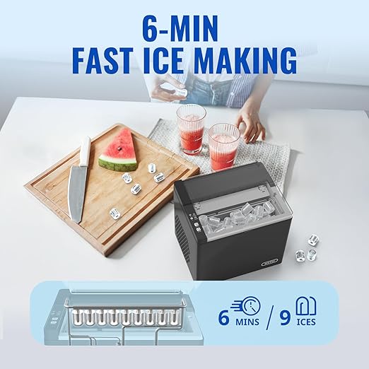 WETIE Ice Maker Countertop, 9 Bullet Ice Cubes in 6 Minutes, 26lbs/24Hrs with 2 Sizes, Portable Ice Machine with Basket, Scoop and Ice Pack, Compact ice Maker for Home, Kitchen, Camping, Party