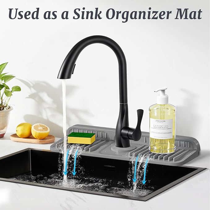 PoYang 14.6 inch Faucet Mat for Kitchen Sink Splash Guard, 7° Slope Silicone Sink Water Splash Guard for Kitchen Sink Area with Snap Button, Small Sink Protectors for kitchen Sink Sponge Holder, Grey
