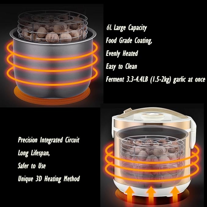 INTBUYING 6L Black Garlic Fermenter 110V Multi Clove Garlic Cooker 3D Heating Full Automatic Intelligent Control with Black Independent Liner