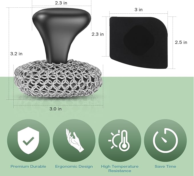 Cast Iron Scrubber | Dish Scrub Brush | 316 Cast Iron Cleaner Chainmail Scrubber Circle + Square 2PCS Black
