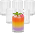 XKXKKE 14 oz Ribbed Drinking Glasses Set of 6, High Clear Vintage Iced Coffee Cups Elegant Glassware, Highball Glass Cups Ridged Glass Tumbler for Cocktail, Whiskey, Beer, Water, Juice, Origami Style