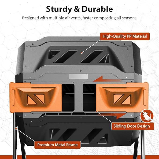 43-Gal Dual Chamber Compost Tumbler Outdoor, 360° Rotating Compost Bin with Steel Frame, Aeration System & 2 Sliding Doors for Kitchen, Garden, Yard - Black Orange