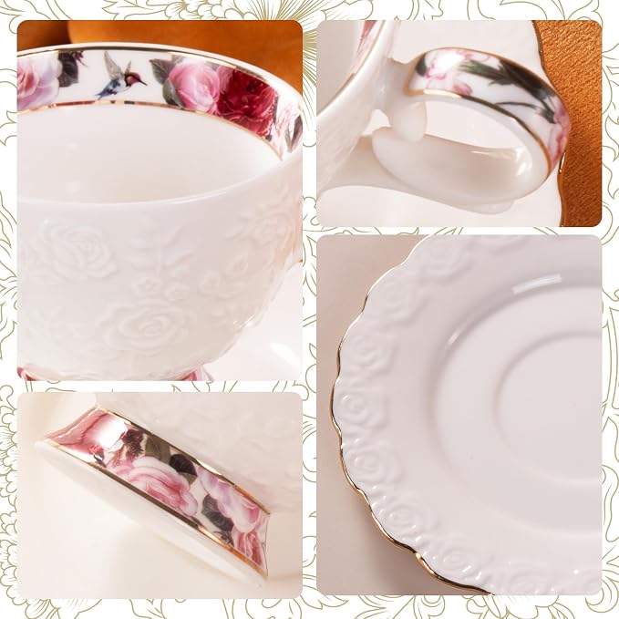 KAMMAK Tea Cups and Saucers Set of 2, 6.7oz Porcelain Coffee Cups with Saucers, Ceramic Espresso Mugs for Coffee, Latte, Americano, Tea, Elegant Teacup and Saucer (YFH13)