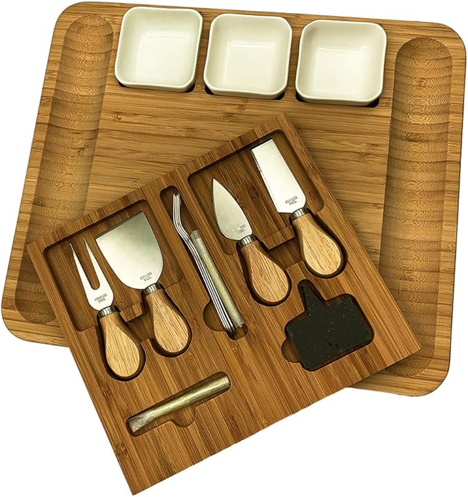 Carnivore Club Bamboo Charcuterie Board Set - Extra-Large Modern Rectangular Serving Platter with Cheese Knives, Ceramic Bowls, Slate Markers & More