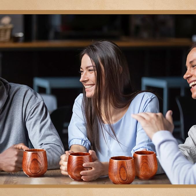 Gerrii 10 Pieces Wooden Tea Cup Wood Coffee Mug Water Japanese Solid Drinking Teacup Glass for Wine, Beer, Milk, Hot Drinks, 6 oz