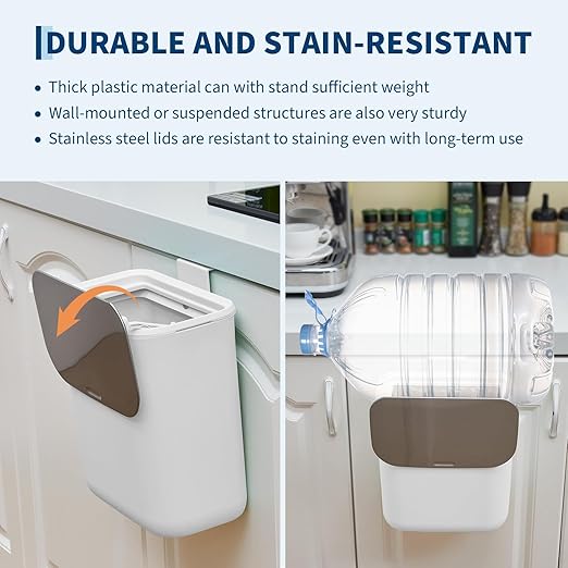 Hanging Kitchen Trash Can with Lid - 2.4 Gallon Small Compost Bin for Cabinet Door, Under Sink - Odor-Sealing Stainless Steel Top Food Waste Bin for RV, Bathroom, Office - Indoor Recycling Bin