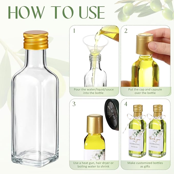 Reallnaive 30 Pack 3 oz Mini Glass Olive Oil Bottles Set, Gold Homemade Wedding Sauce Gift Bottles Leakproof Screw Cap, Thank You Wedding Stickers for Storing Oil Honey Bridal Baby Shower Favors
