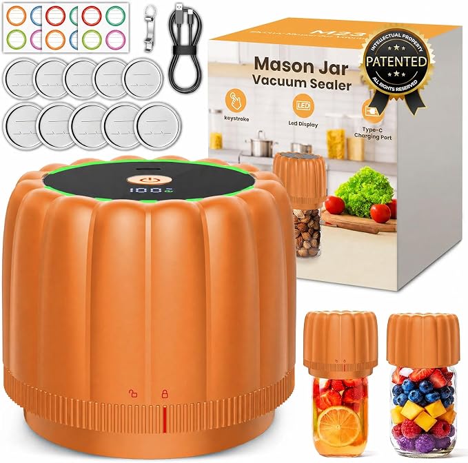 2026 Upgraded Electric Mason Jar Vacuum Sealer Kit with Wide and Regular Mouth Mason Lids -80kpa Automatic Vacuum Pump 2500mAh Battery One Touch Canning Sealing Machine for Food Storage Orange