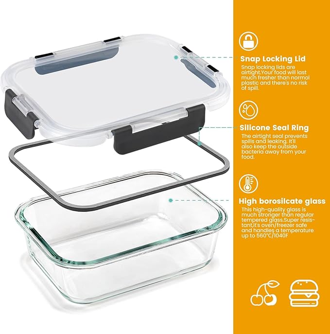 TYKOON 10 Pack Glass Meal Prep Containers with Snap Locking Lids, Airtight Leakproof Bento Boxes for Lunch Freezer Microwave and Dishwasher Safe, Includes 5x36oz and 5x12oz
