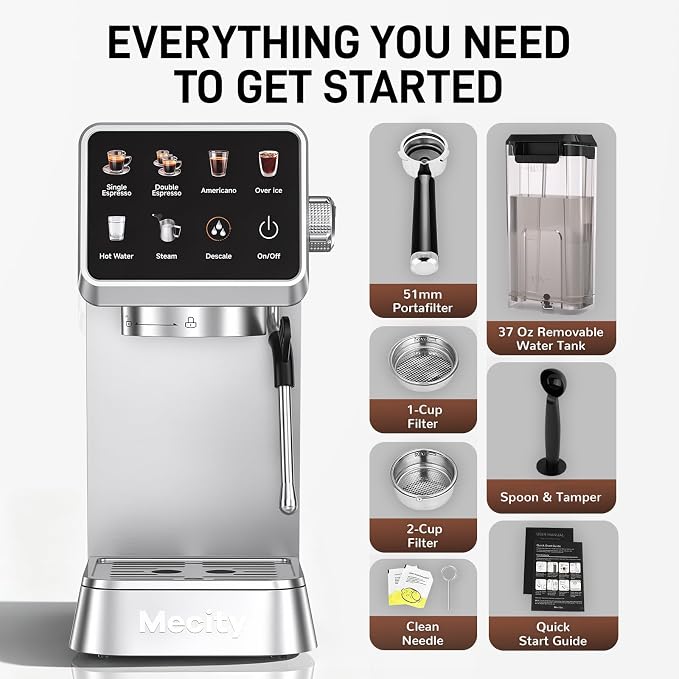 Mecity 20 Bar Espresso Machine with Milk Frother, Touchscreen Coffee Maker for Espresso, Americano & Over Ice Coffee, Compact Stainless Steel Latte & Cappuccino Maker