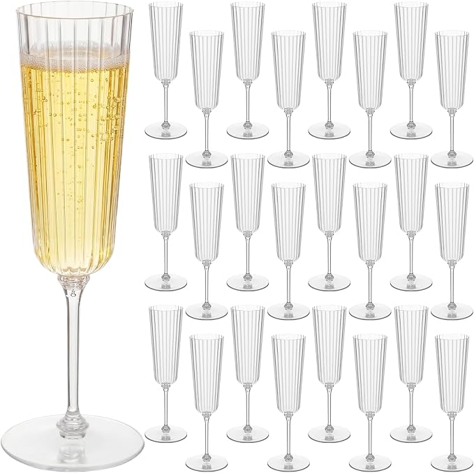 Jingmore 24 Pcs Plastic Ribbed Champagne Flutes With Stem, 6.4 oz Clear Vintage Disposable Champagne Glasses for Wedding Birthday Anniversary (Clear)