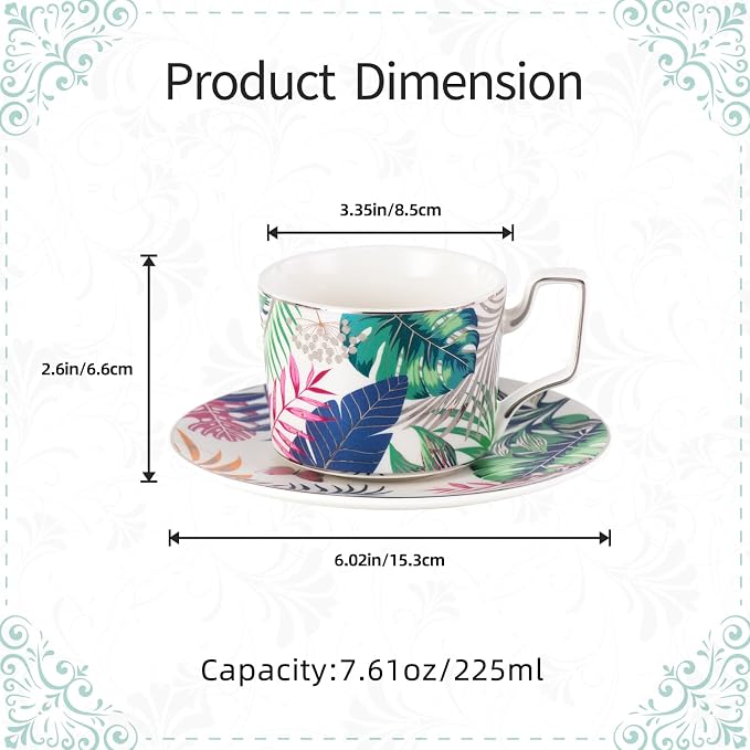 KAMMAK Tea Cups and Saucers Set of 2, Porcelain Coffee Cups, Stackable Espresso Mugs, Ceramic Demitasse for Coffee, Latte, Americano, Tea, Mystery