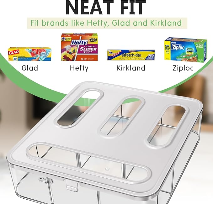 Kevenal Food Storage Bag Organizer – Expandable Sandwich Bag Dispenser with 4 Compartments, BPA-Free Plastic Kitchen Organizer for Snacks & Meal Prep (Space-Saving Design, Easy Clean)