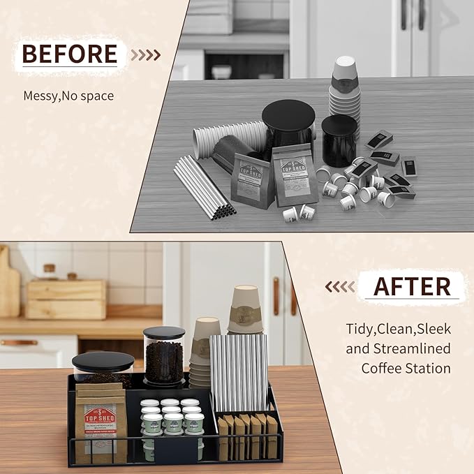Metal Coffee Station Organizer for Countertop, 2-Pcs Coffee Bar Organizer with Designable DIY Logo, K Cup Pods Holder & Tea Condiment Storage - Rustic Breakroom Kitchen Decor Balck