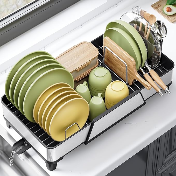 Urackify Large Dish Drying Rack - Triple Expandable Dish Rack for Kitchen Counter, Stainless Steel Sink Organization and Storage Essentials with Utensil & Pans Holder for Home and Appartment, Black