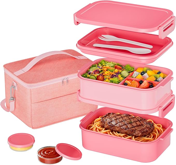 Adults Lunchbox Bento Box with Lunch Bag- 74 OZ All-in-One Stackable Lunch Box for Adults Kids Women Men Leakproof Bento Large Lunch Box Containers with Fork Spoon Sauce Box for Work School (Pink)