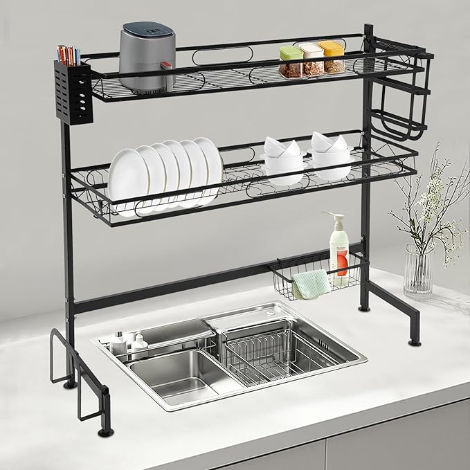 2-Tier Over Sink Dish Drying Rack, Multifunctional Kitchen Rack Extra Large Extendable Dish Rack Carbon Steel Over Sink Dish Rack with 8 Hooks for Kitchen Counter (32in)