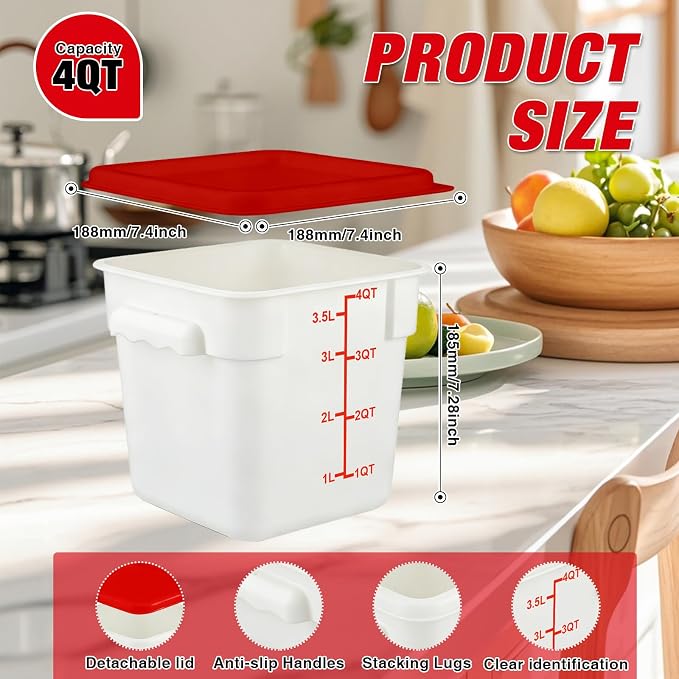 Square Food Containers with Lids 4-Pack, Commercial Grade Plastic Bins for Restaurant Kitchen Pantry Storage, Freezer & Dishwasher Safe (Red, 4QT-4PACK)