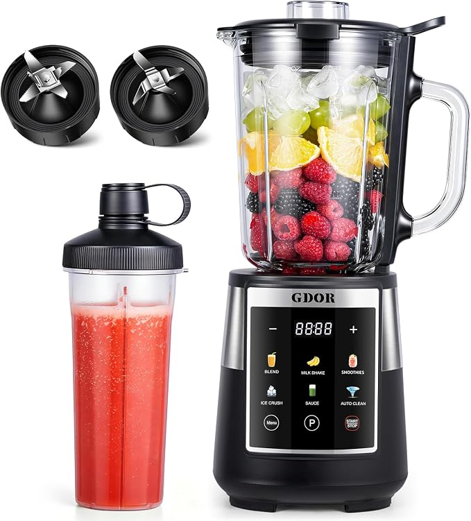 GDOR Professional Blender with 6 Preset Programs, 1300W Smoothie Blender for Ice Crushing & Frozen Fruit, 67 Oz Glass Pitcher & 22 Oz To-Go Cup Combo, Smart Smoothie Maker, Self-Cleaning