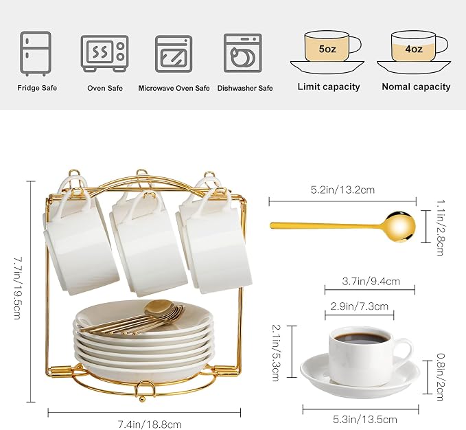 YOLIFE Espresso Cups with Saucers Set and Gold Metal Stand, 4oz Coffee Espresso Cups Set of 6, Ceramic Expresso Shots Cup with Stand & Saucers, White