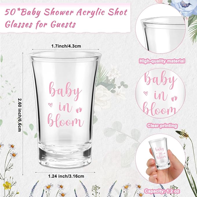 50 Sets Baby Shower Favor for Guests Acrylic Shot Glasses with Bottle Opener Keychains Thank You Tags and Bags Gender Reveal Party Favors for Guest Baby Shower Return Gift(Bloom)