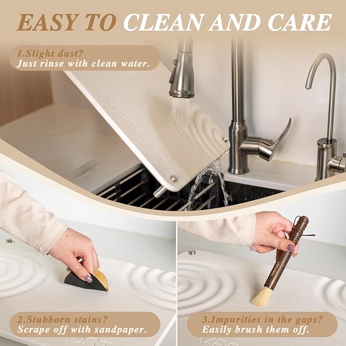 Pearl White 2Pcs Large Stone Dish Drying Mat with Acacia Wood Holder Stand for 1 Inch Cutting Board and Stone Drying Mat for Kitchen Counter Quick Dry Diatomaceous Earth Mat for Kitchen Counter