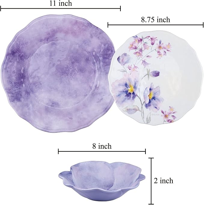 UPware 12 Piece Lavender Melamine Dinnerware Sets, Outdoor Dishes Set, Plates and Bowls Sets, Service for 4, Purple