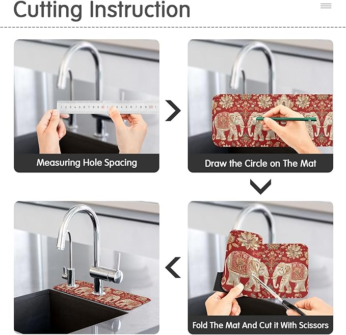 Kitchen Sink Splash Guard 1 PC 30 Inch Sink Faucet Mat Splash Guard for Bathroom Countertop Water Absorbent Foldable Cuttable Soft Washable Red Retro Elephant Flowers