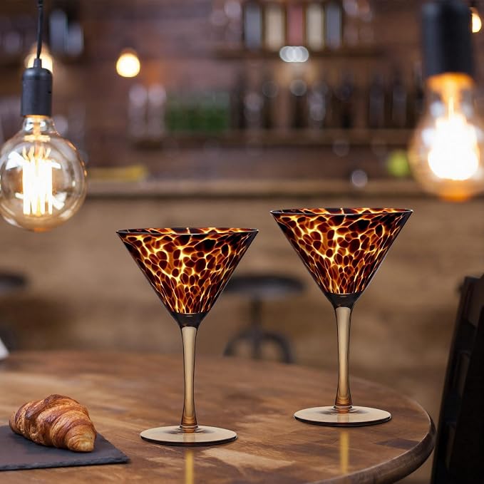 Honeydak Set of 4 Tortoise Leopard Print Martini 7oz Brown Rocks Glasses Stylish Stemless Cocktail Cups Tortoise Glassware Tumbler Ideal for Gin, Tequila, Vodka, Soft Drinks