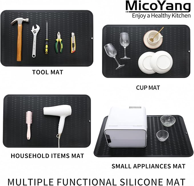 MicoYang Silicone Dish Drying Mat for Multiple Usage,Easy clean,Eco-friendly,Heat-resistant Silicone Mat for Kitchen Counter or Sink,Refrigerator or Drawer Liner Black 3XL 28 inches x 18 inches