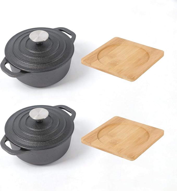HAWOK Cast Iron Mini Dutch Oven, Dia5.51”, 23oz, with Bamboo Tray, Set of 2, Pre-seasoned
