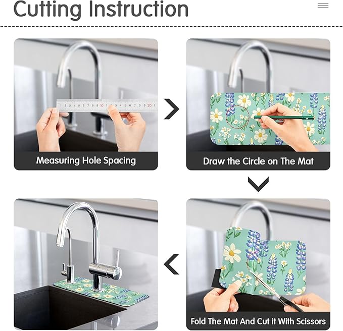 Kitchen Sink Splash Guard 1 PC 14.7 Inch Sink Faucet Mat Splash Guard for Bathroom Countertop Water Absorbent Foldable Cuttable Soft Washable Cute Green Bluebonnet and Daisies